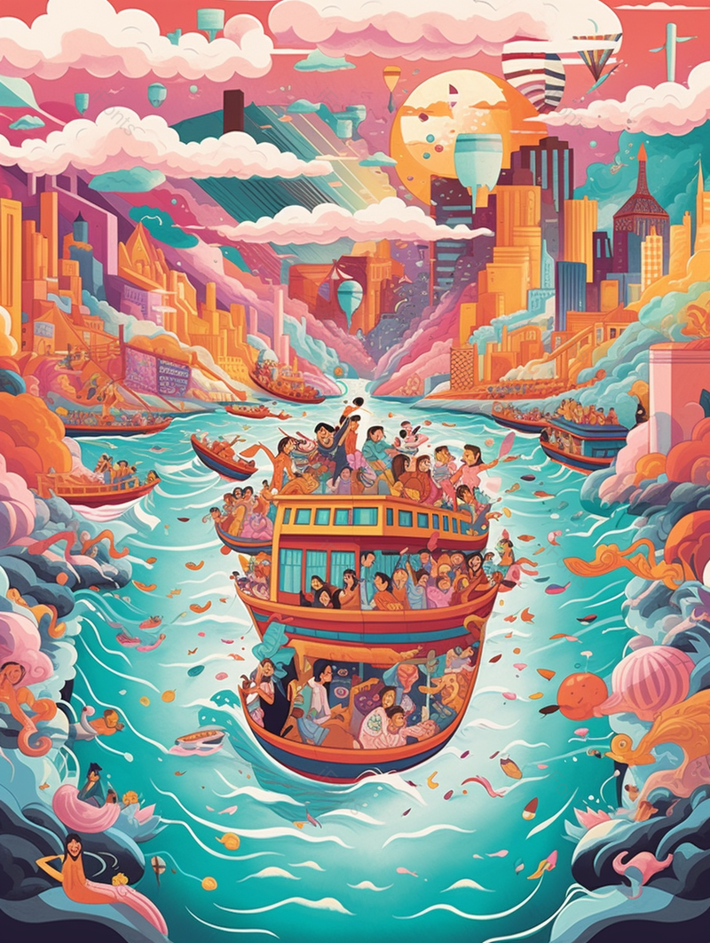 城市运河上的游轮大船创意插画背景,插画/手绘图,插画/手绘图库,插画/手绘图下载,插画/手绘
